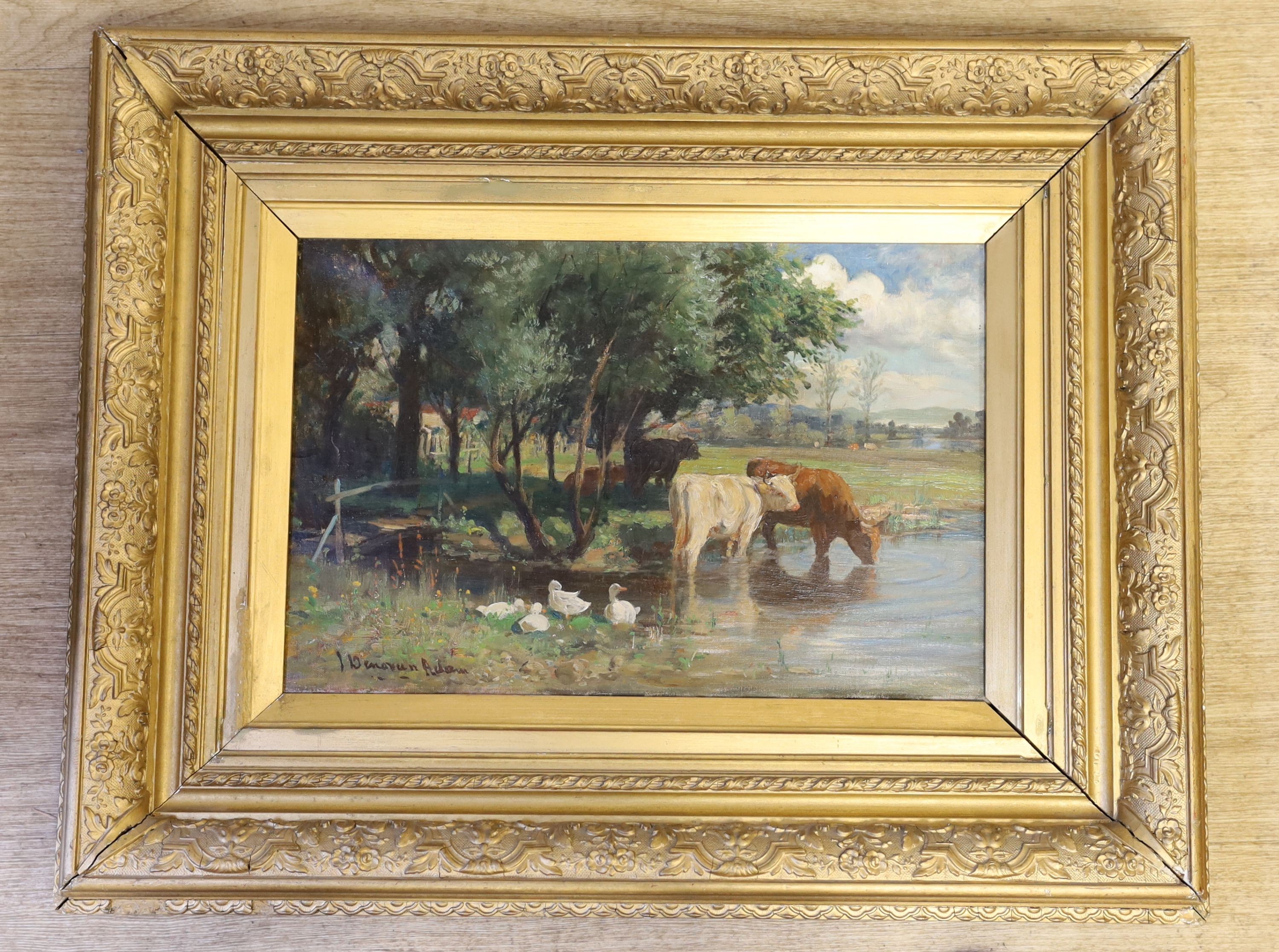 Joseph Denovan Adam (1842-1896), oil on canvas, Cattle and ducks beside a stream, signed, 30 x 45cm